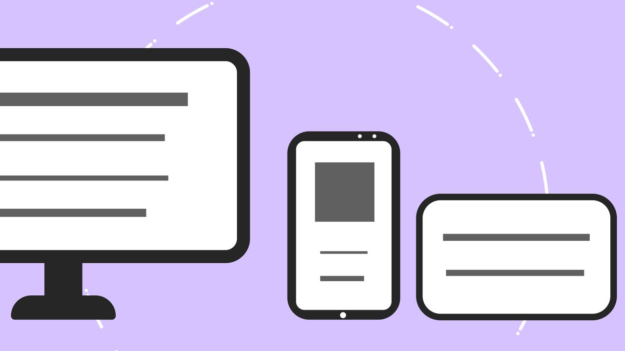 Icônes vectorielles montrant un téléphone moderne près d’un écran d’ordinateur et d’une carte de crédit, avec des lignes grises sur fond violet